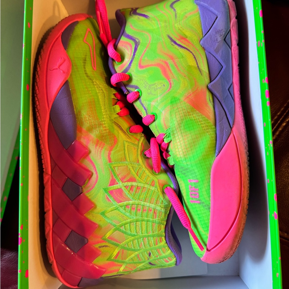 Puma sneakers, lime, green, and pink